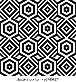 Vector seamless pattern. Checkered ornament, figurative design template with striped black white rhombuses (squares), hexagons. Background, texture with op art effect. Checkerboard swatch, card, cover