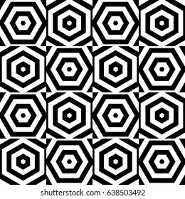 Vector seamless pattern. Checkered ornament, figurative design template with striped black white hexagons. Modern background, texture with op art effect. Checkerboard swatch, tile card, web app cover