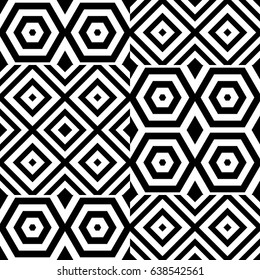 Vector seamless pattern. Checkered ornament, figurative design template with striped black white rhombuses (squares), hexagons. Background, texture with op art effect. Checkerboard swatch, card, cover