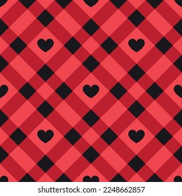 Vector seamless pattern of checkered texture with hearts isolated on red background