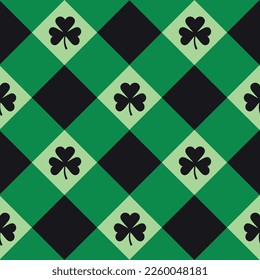 Vector seamless pattern of checkered texture with shamrock trefoil isolated on green background