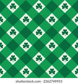 Vector seamless pattern of checkered texture with shamrock trefoil isolated on green background