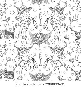 Vector seamless pattern: cheerful cupids and angels with glasses of wine, coctail and music recorders. Linear black sketches on white. Design for textile, fabric, wallpaper, wrapping paper. 