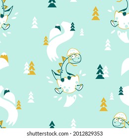 Vector seamless pattern a cheerful dinosaur in an egg descends from a snow-capped mountain. Children's pattern in the Scandinavian style. Design for printing on children's clothing, textiles, paper. 