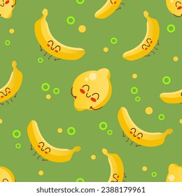 Vector seamless pattern with cheerful fruits, lemon and banana on green background