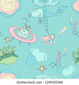 Vector seamless pattern, cheerful, joyful, a helicopter with a heart and an alien, clouds, stars, the sun with a smile