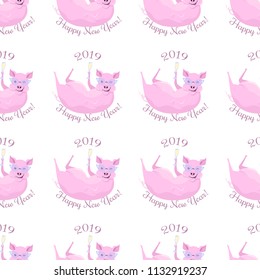 Vector seamless pattern of a cheerful lying winking pig in glasses with champagne and text happy new year 2019. Isolated on the white background.