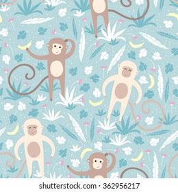 Vector seamless pattern with cheerful monkeys in the jungle