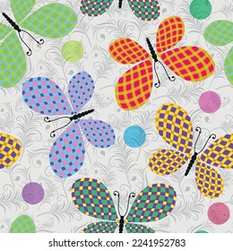 Vector seamless pattern with cheerful multicolored checkered butterflies on a light background with floral ornament