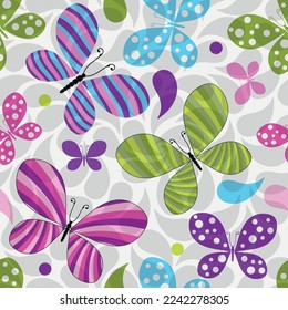 Vector seamless pattern with cheerful multicolored striped butterflies on a light background 