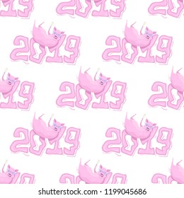 Vector seamless pattern with cheerful winking pig in glasses with champagne, lying on the gum text 2019. Isolated on the white background.