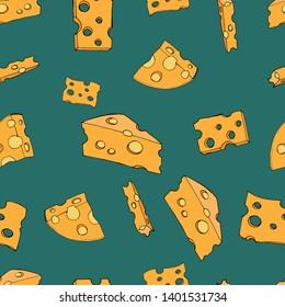 Vector seamless pattern. Cheese cartoon illustration. Orange and yellow colors. Green background. Pattern suitable for postcards, fabric or textile, wrapping paper, posters, menu design.