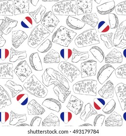 Vector seamless pattern with cheese and French Heart flag on a white background.