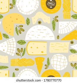 Vector seamless pattern with cheese. Modern background for packaging, ads, labels and other designs. Hand drawn illustration.