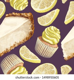 Vector of seamless pattern cheesecake, scattered lemon pieces, crumbly gentle wet biscuit cupcakes, stunning cream soft air cheese cream, beige color, taste lemon. Light paper cake wet from the cakes