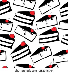 Vector seamless pattern Cheesecakes. Slices of delicious berry cakes. Black and white colors with red accents.