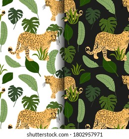 Vector seamless pattern with cheetah, tropical leaves. Trendy style.

