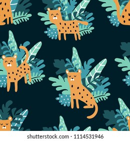 vector seamless pattern, cheetahs in different poses and tropical leaves