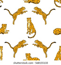 Vector seamless pattern with cheetahs isolated on the white background. Animal background. Hand drawn pattern with cute big cats.
