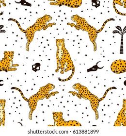 Vector seamless pattern with cheetahs isolated on the white background. Vintage animal background. Hand drawn pattern with cute big cats.

