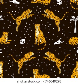 Vector seamless pattern with cheetahs isolated on the white background. Vintage animal background. Hand drawn pattern with cute big cats.
