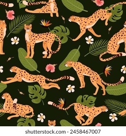 Vector seamless pattern with cheetahs and monstera and fern leaves, as well as exotic flowers on a black background. A set of characters and plants for prints