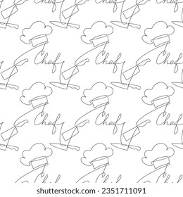 Vector seamless pattern. Chef knife, cleaver, hat. Line continuous drawing, text lettering background. Kitchen outline backdrop, cooking wallpaper, fabric, textile, print, cafe, menu, shop brochure.