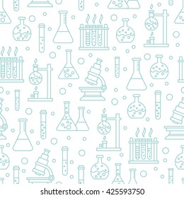 Vector seamless pattern with chemical equipment - flasks, retorts, microscope, burner. test tubes etc. Linear design, Excellent choice for paper print, wallpapers, web design or textile.