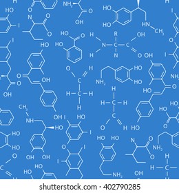 Vector seamless pattern of chemical formulas on blue background.