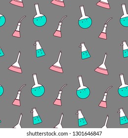 Vector seamless pattern with chemical vessels. Vector pattern with Laboratory and Scientific Glassware