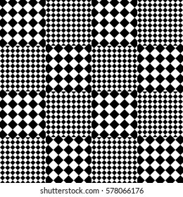 Vector seamless pattern. Chequered background, design element with black white squares and rhombuses. Backdrop, texture with optical illusion. Checkerboard cloth, fabric textile tartan in op art style