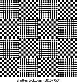 Vector seamless pattern. Chequered background, design element with black white squares and rhombuses. Backdrop, texture with optical illusion. Checkerboard cloth, fabric textile tartan in op art style