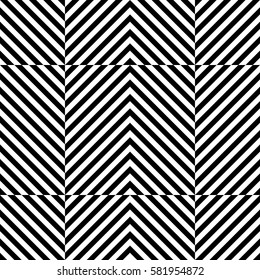 Vector seamless pattern. Chequered background, design element with striped black white diagonal inclined lines. Backdrop, texture with figurative geometry. Dynamic tiles for card, app, web cover.