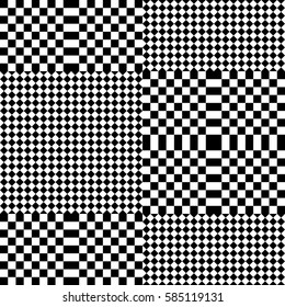Vector seamless pattern. Chequered background, design element with black white squares and rhombuses. Backdrop, texture with optical illusion. Checkerboard cloth, fabric textile tartan in op art style