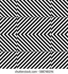 Vector seamless pattern. Chequered background, design element with striped black white diagonal inclined lines. Backdrop, texture with figurative geometry. Dynamic tiles for card, app, web cover.