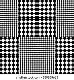 Vector seamless pattern. Chequered background, design element with black white squares and rhombuses. Backdrop, texture with optical illusion. Checkerboard cloth, fabric textile tartan in op art style