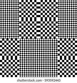 Vector seamless pattern. Chequered background, design element with black white squares and rhombuses. Backdrop, texture with optical illusion. Checkerboard cloth, fabric textile tartan in op art style