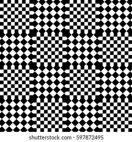 Vector seamless pattern. Chequered background, design element with black white squares and rhombuses. Backdrop, texture with optical illusion. Checkerboard cloth, fabric textile tartan in op art style