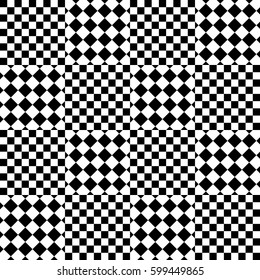 Vector seamless pattern. Chequered background, design element with black white squares and rhombuses. Backdrop, texture with optical illusion. Checkerboard cloth, fabric textile tartan in op art style