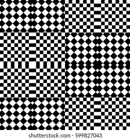 Vector seamless pattern. Chequered background, design element with black white squares and rhombuses. Backdrop, texture with optical illusion. Checkerboard cloth, fabric textile tartan in op art style