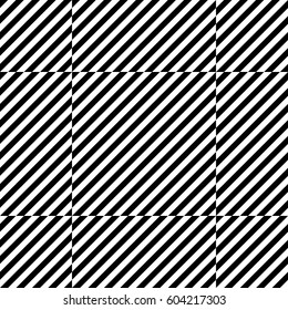 Vector seamless pattern. Chequered background, design element with striped black white diagonal inclined lines. Backdrop, texture with figurative geometry. Dynamic tiles for card, app, web cover.