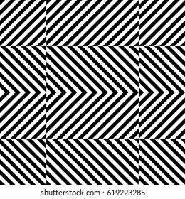Vector seamless pattern. Chequered background, design element with striped black white diagonal inclined lines. Backdrop, texture with figurative geometry. Dynamic tiles for card, app, web cover.