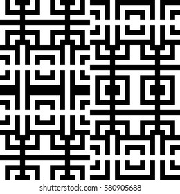 Vector seamless pattern. Chequered ornament, traditional tracery with ethnic black white design. Background, texture with folk handiwork. Checkerboard swatch for cloth, fabric, plaid, tapestry.