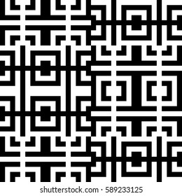 Vector seamless pattern. Chequered ornament, traditional tracery with ethnic black white design. Background, texture with folk handiwork. Checkerboard swatch for cloth, fabric, plaid, tapestry.