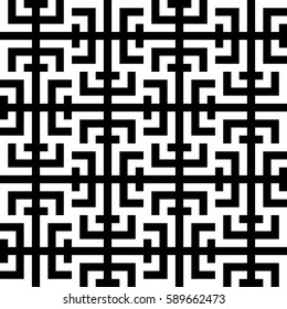 Vector seamless pattern. Chequered ornament, traditional tracery with ethnic black white design. Background, texture with folk handiwork. Checkerboard swatch for cloth, fabric, plaid, tapestry.