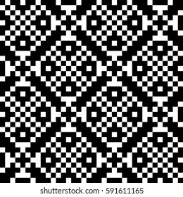 Vector seamless pattern. Chequered ornament, traditional tracery with ethnic black white design. Background, texture with folk handiwork. Checkerboard swatch for cloth, fabric, plaid, tapestry.