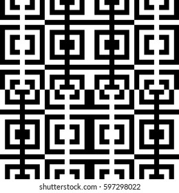 Vector seamless pattern. Chequered ornament, traditional tracery with ethnic black white design. Background, texture with folk handiwork. Checkerboard swatch for cloth, fabric, plaid, tapestry.
