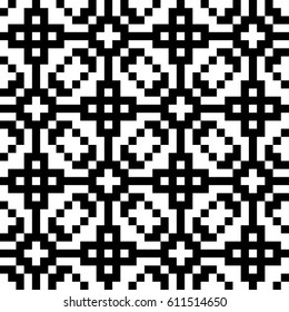 Vector seamless pattern. Chequered ornament, traditional tracery with ethnic black white design. Background, texture with folk handiwork. Checkerboard swatch for cloth, fabric, plaid, tapestry.