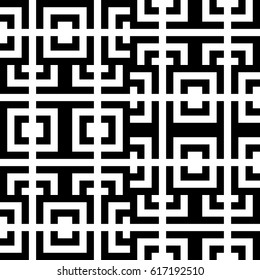 Vector seamless pattern. Chequered ornament, traditional tracery with ethnic black white design. Background, texture with folk handiwork. Checkerboard swatch for cloth, fabric, plaid, tapestry.