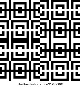Vector seamless pattern. Chequered ornament, traditional tracery with ethnic black white design. Background, texture with folk handiwork. Checkerboard swatch for cloth, fabric, plaid, tapestry.